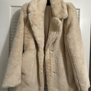 H&M Cream Beige Faux Fur Coat